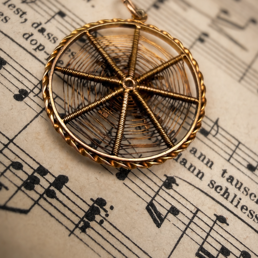Antiker Jugendstil-Anhänger „Spinne im Netz“ aus 585 Gold mit Rubin & Spinell