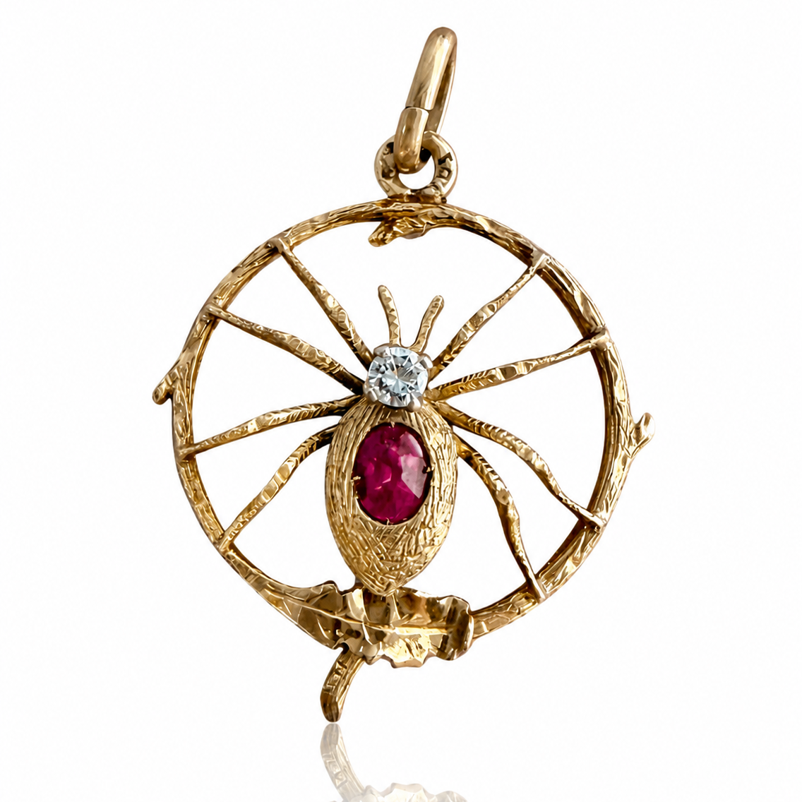 Antiker Jugendstil Spinnen-Anhänger aus 585 Gold mit Rubin &amp; Diamant