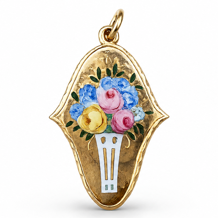 Antiker Jugendstil-Anhänger mit handgemalter Emaille in 14 Karat Gold