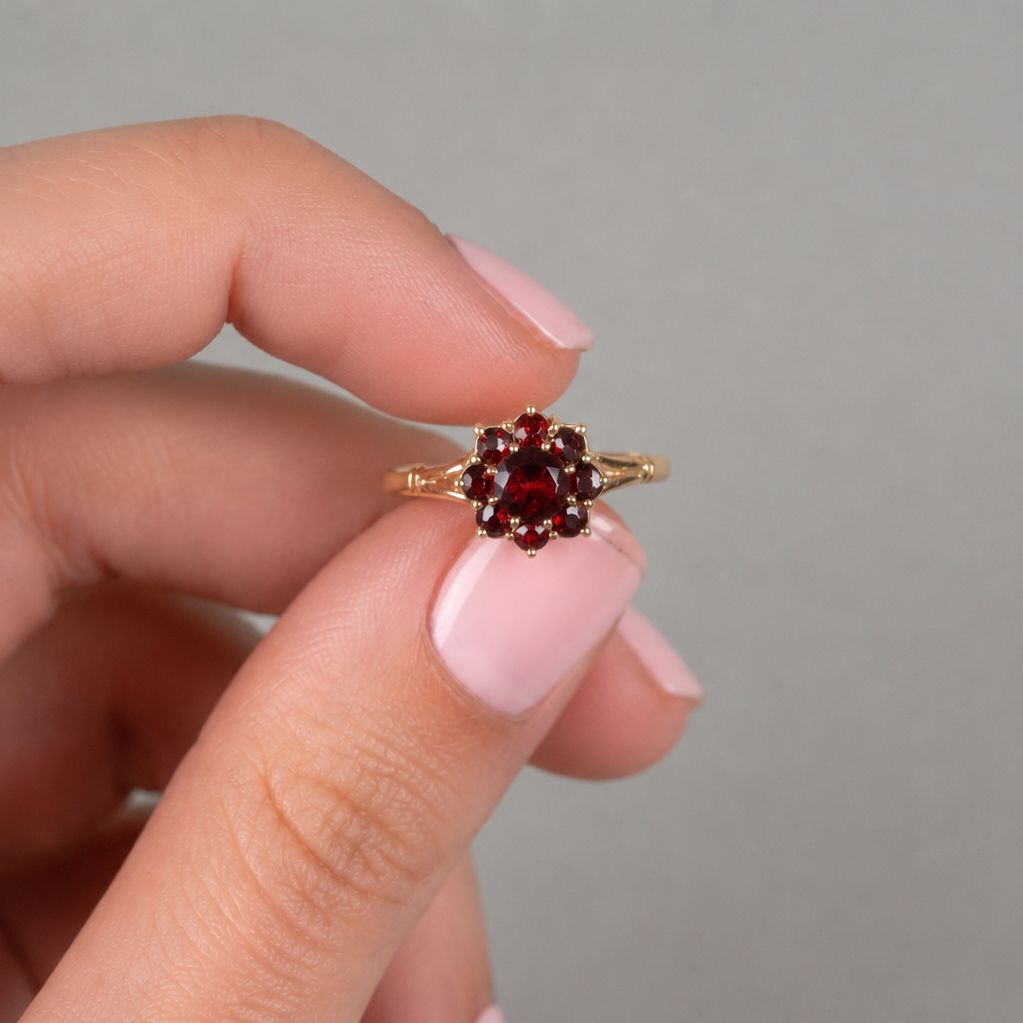 Vintage Granatring aus 585 Gold – klassische Blütenform mit tiefroten Granaten