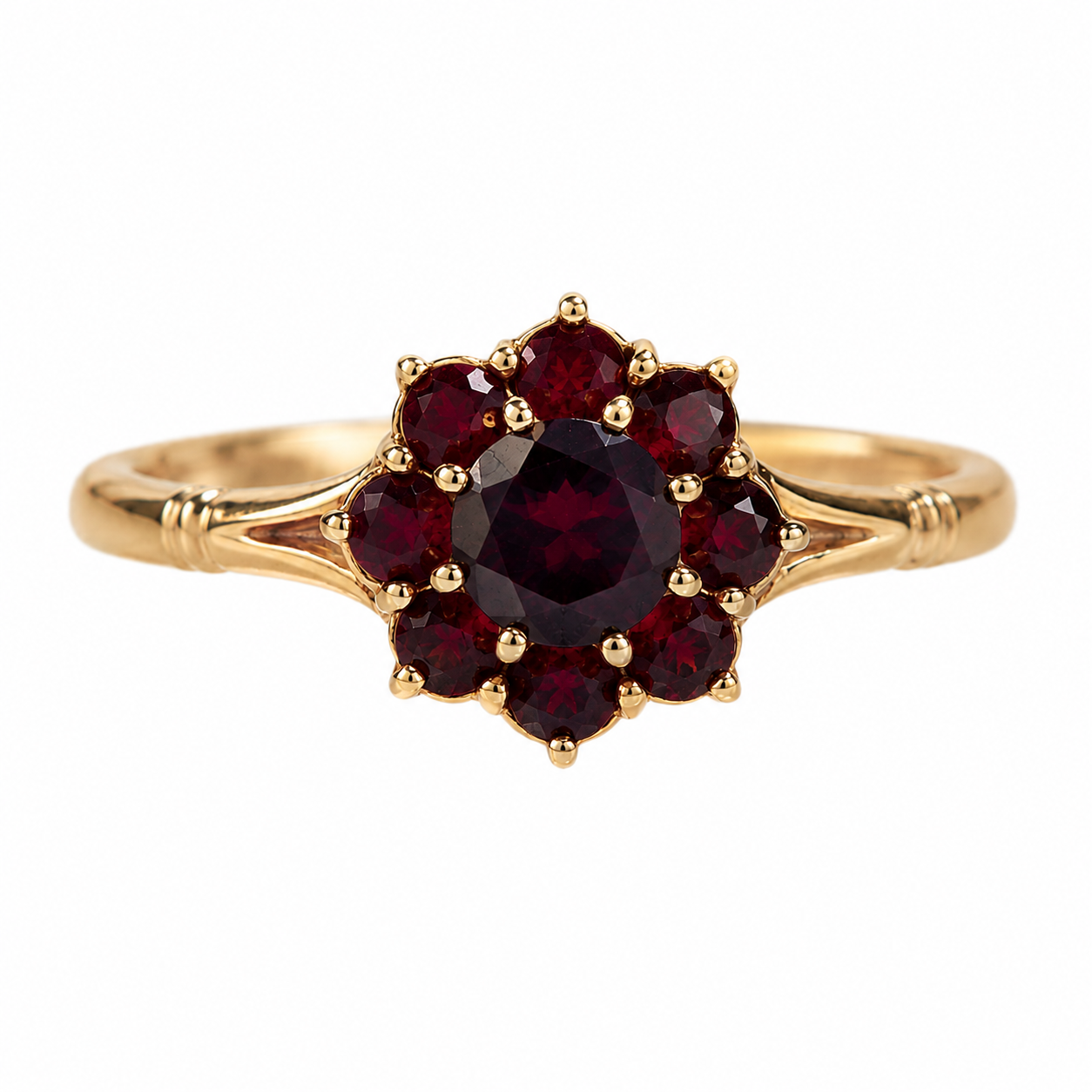 Vintage Granatring aus 585 Gold – klassische Blütenform mit tiefroten Granaten