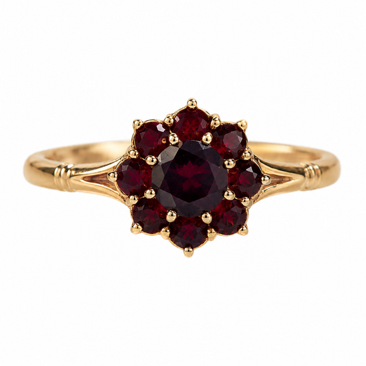 Vintage Granatring aus 585 Gold – klassische Blütenform mit tiefroten Granaten