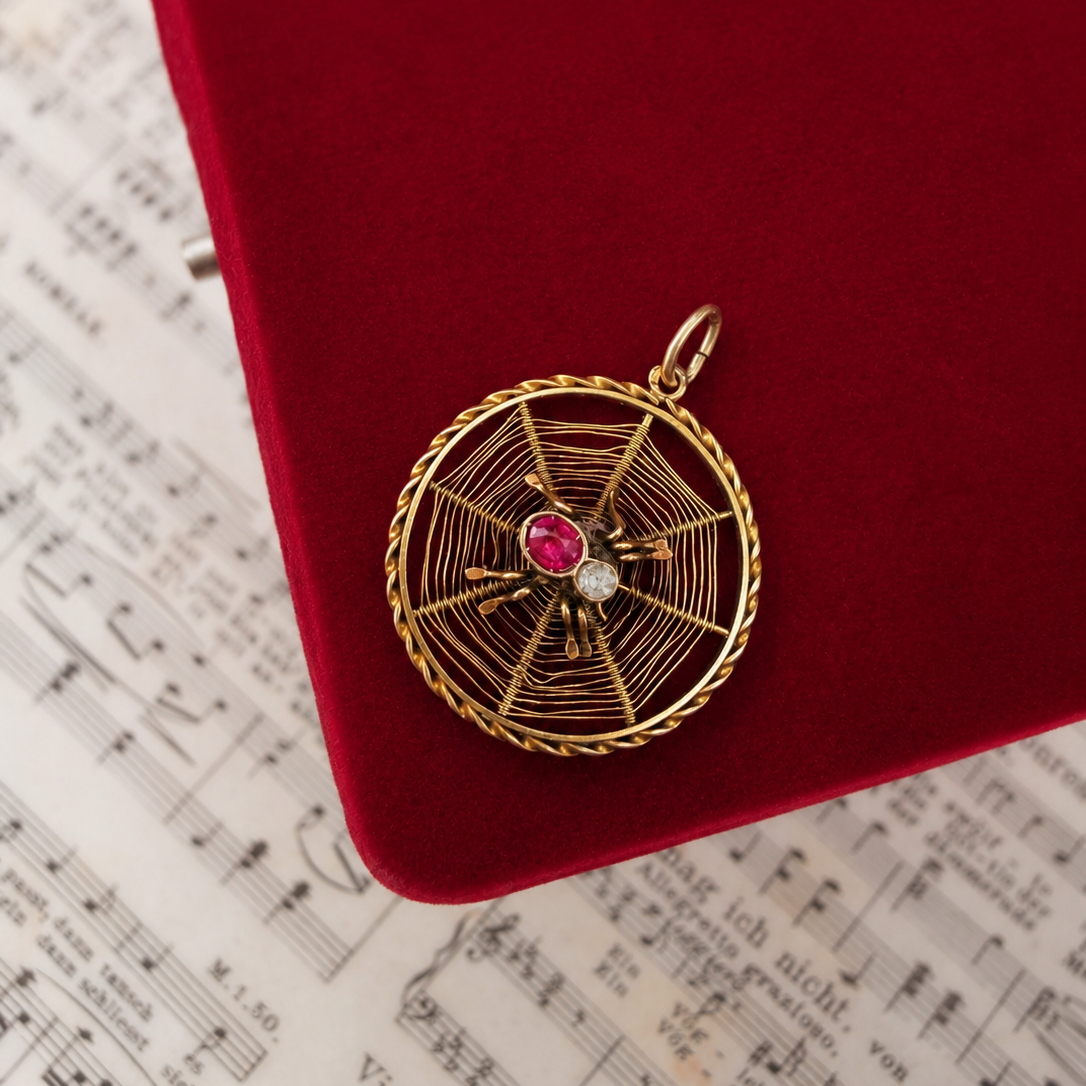 Antiker Jugendstil-Anhänger „Spinne im Netz“ aus 585 Gold mit Rubin &  Spinell