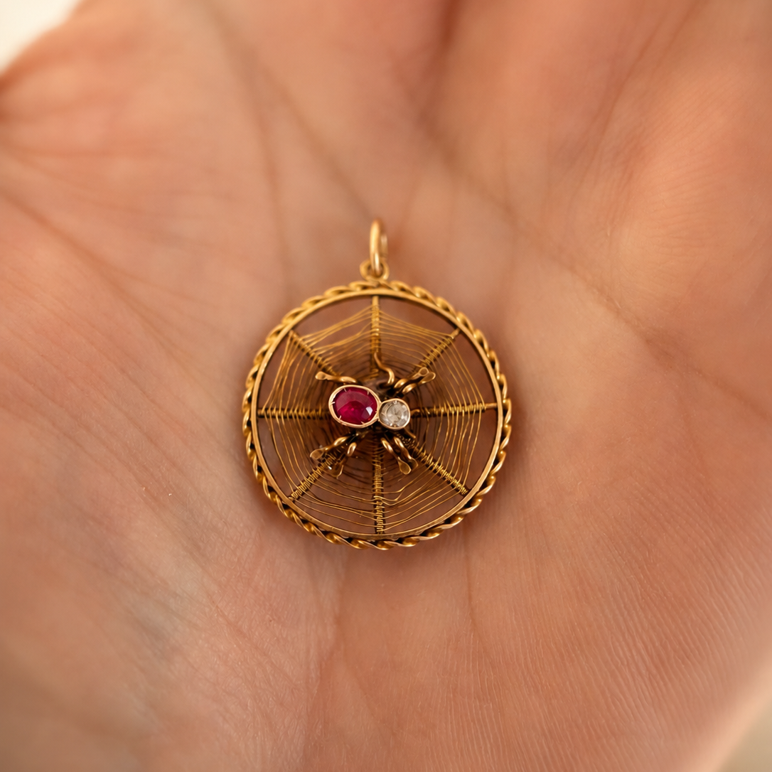 Antiker Jugendstil-Anhänger „Spinne im Netz“ aus 585 Gold mit Rubin &  Spinell