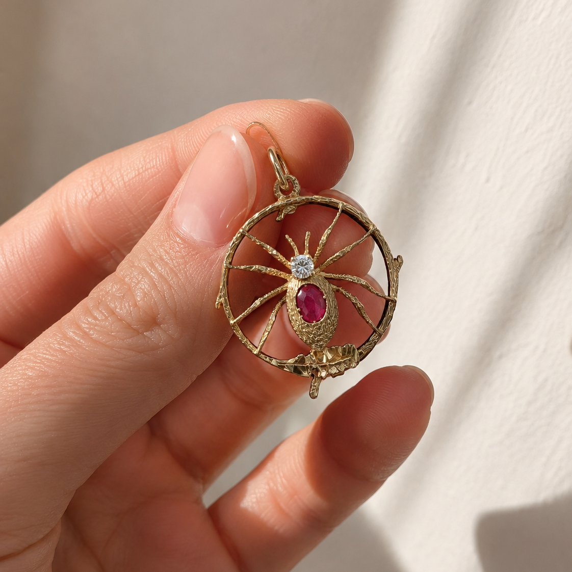 Antiker Jugendstil Spinnen-Anhänger aus 585 Gold mit Rubin &amp; Diamant