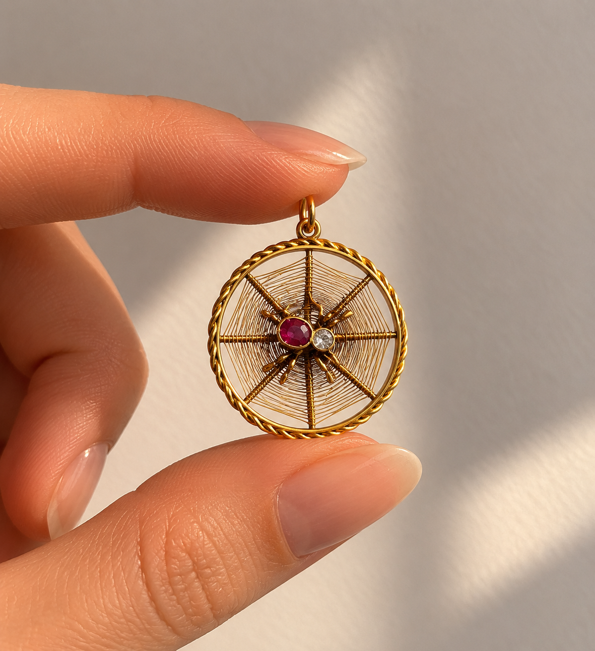 Antiker Jugendstil-Anhänger „Spinne im Netz“ aus 585 Gold mit Rubin &  Spinell