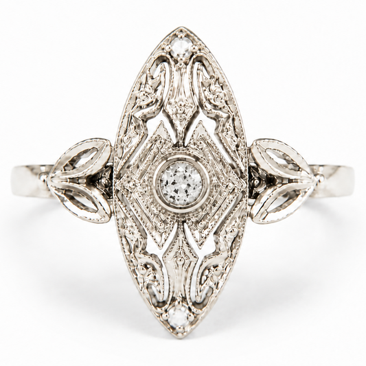 Eleganter Vintage-Diamantring aus 585 Weißgold – Art-Déco-inspirierte Navetteform