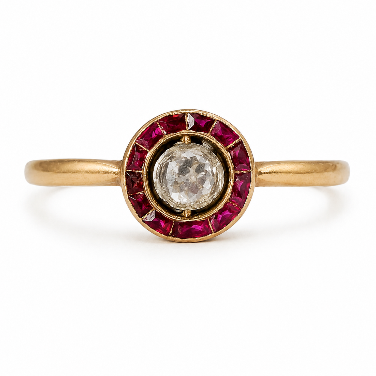 Antiker Rosettenring aus 585 Gold mit Altschliff-Diamant und Rubinen | Jugendstil um 1900