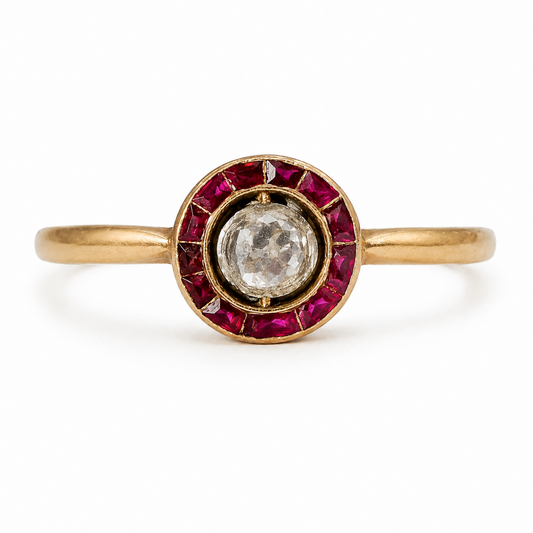 Antiker Rosettenring aus 585 Gold mit Altschliff-Diamant und Rubinen | Jugendstil um 1900
