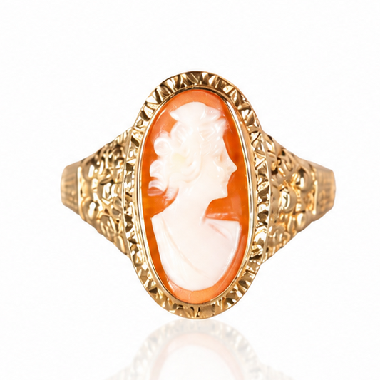 Vintage Gemmenring mit Muschelkamee in 585 Gold – Österreich um 1930–1950