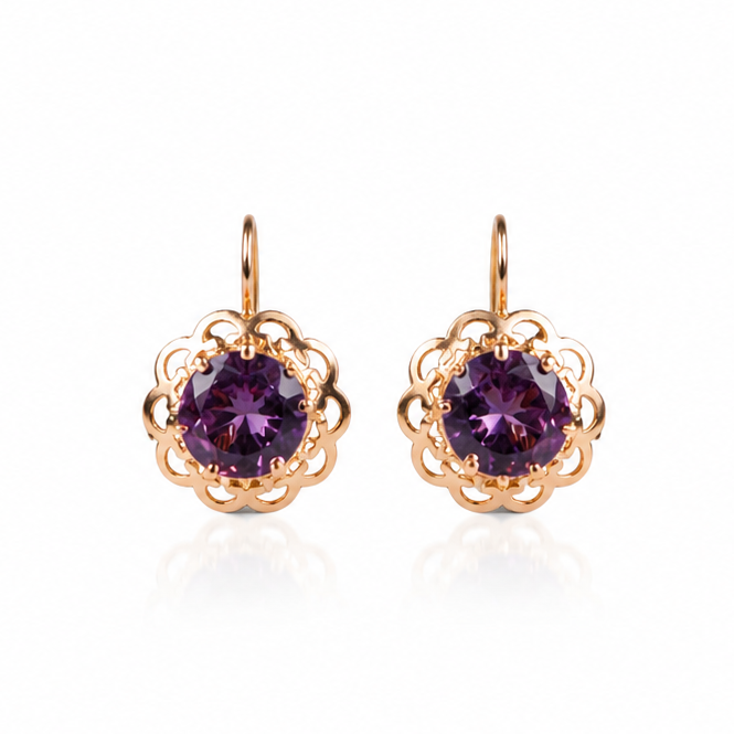 Russische Vintage Fianit-Ohrringe - 14 Karat Gold – Filigrane Rosettenarbeit