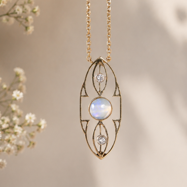 Art-Déco Kette aus 585 Gold mit Edelopal und Diamanten | Österreich um 1925–1935