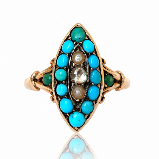 Rarität - Antiker Navette Ring aus Gold mit Türkisen, Perlen und einem Diamanten im Rosenschliff - Wien um 18900