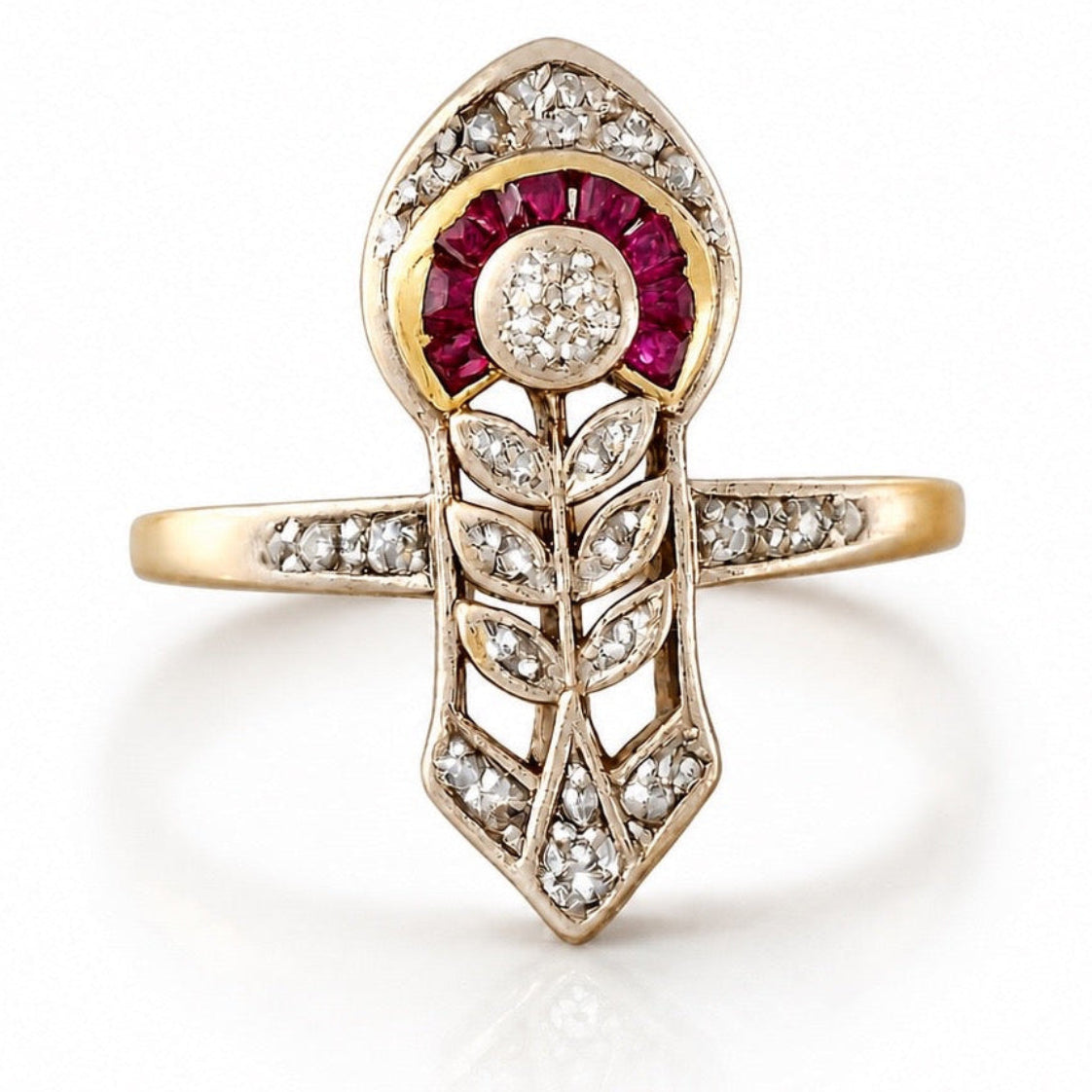 Eleganter Art-Déco Rubin-Diamantring aus 585 Gold und Silber – mit kalibriert geschliffenen Rubinen