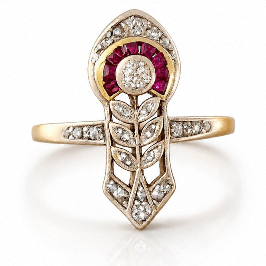 Eleganter Art-Déco Rubin-Diamantring aus 585 Gold und Silber – mit kalibriert geschliffenen Rubinen