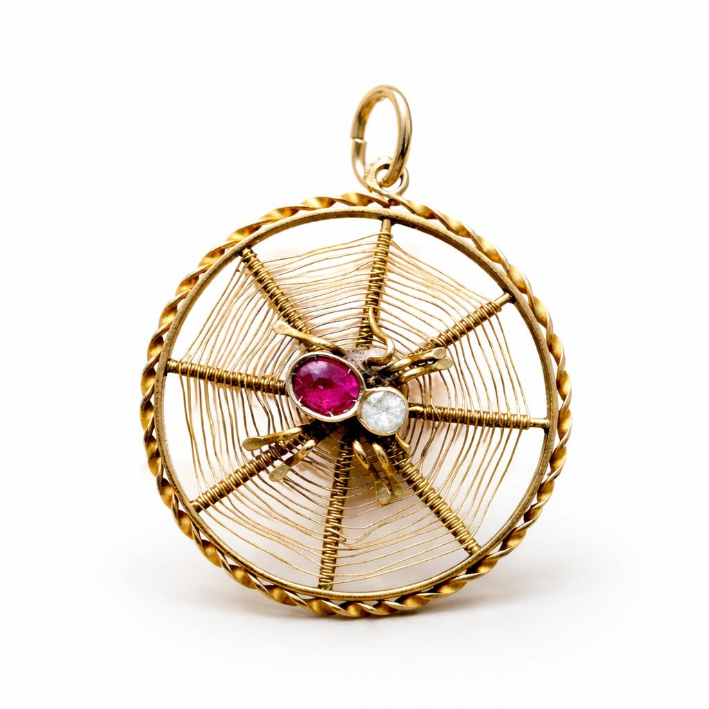 Antiker Jugendstil-Anhänger „Spinne im Netz“ aus 585 Gold mit Rubin &  Spinell